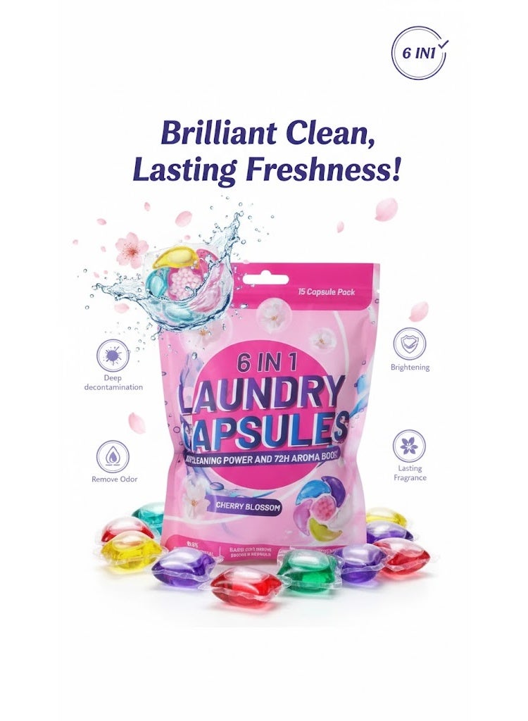 كبسولات غسيل مركزة 6 في 1 تنظّف بعمق، تزيل البكتيريا والروائح حتى 99.9٪، وتترك رائحة زهور الكرز المنعشة تدوم حتى 72 ساعة على الملابس، مناسبة للغسالات الأوتوماتيك والهاف أوتوماتيك. - Image 2